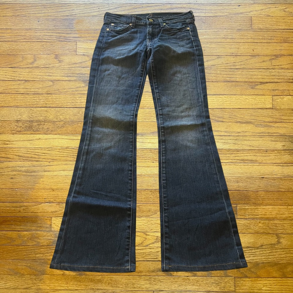 7 For All Mankind Womens Dark Wash Bootcut Jeans Size 24 Low Rise Squiggle Denim